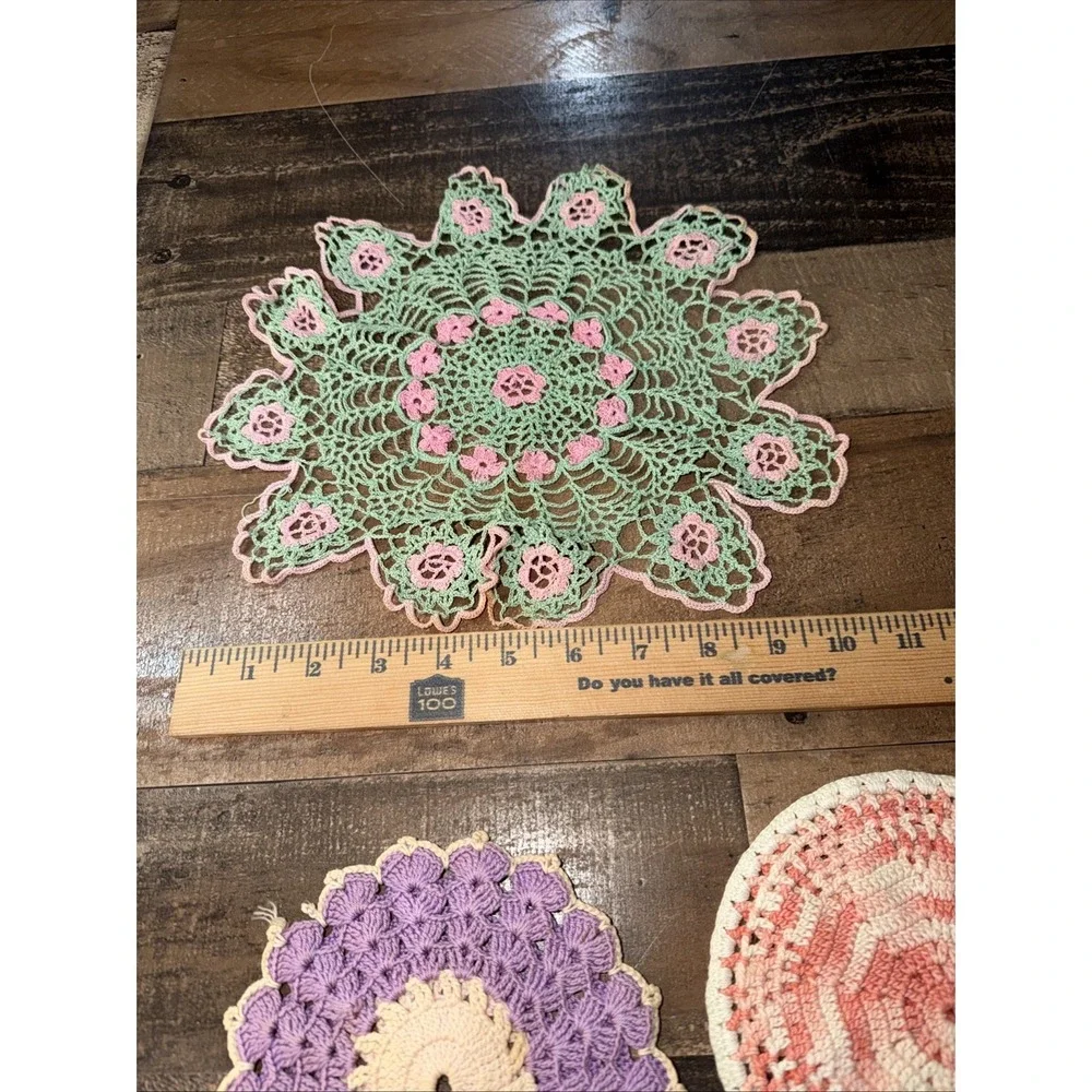 Vintage Handmade Crochet Doilies Lot Set of 3 Pink Green Purple Boho Table Decor